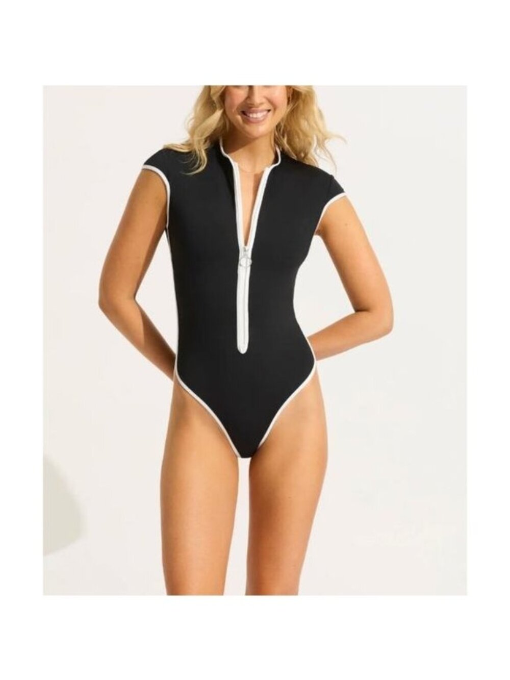 Seafolly Black and White Zip-Front One-Piece Swimsuit